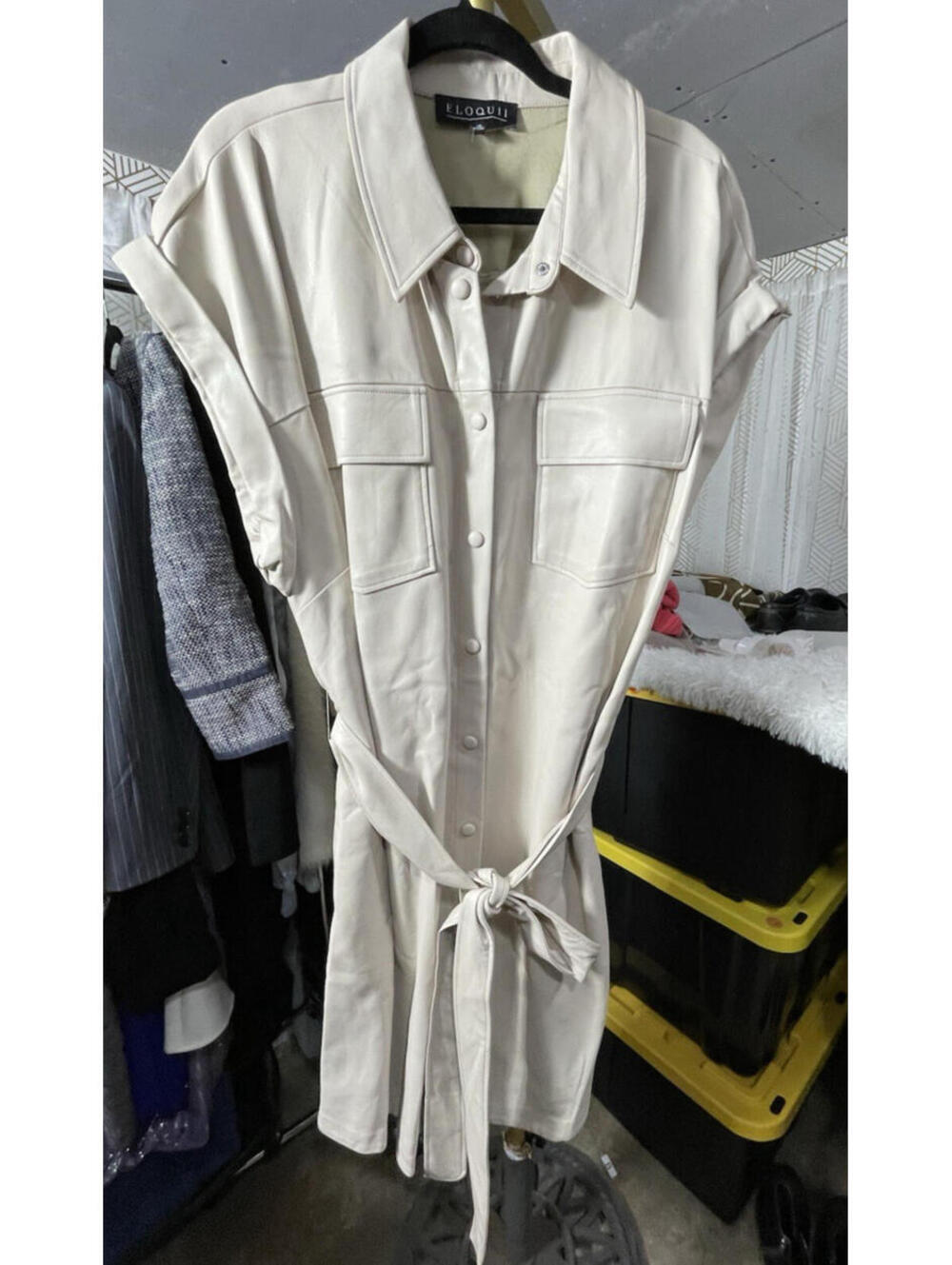 ELOQUII Beige Faux Leather Short Sleeve Dress Belted Button Front Sz 20
